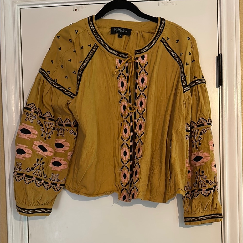 Free People Mustard Embroidered Boho Top